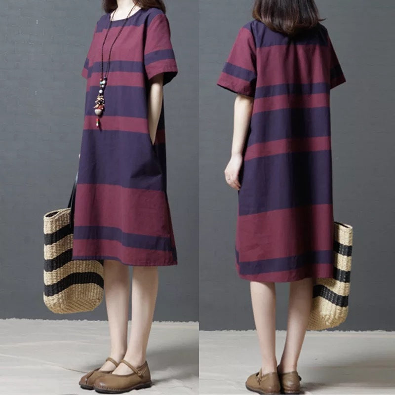 Striped Cotton And Linen Round Neck Short Sleeve Dress