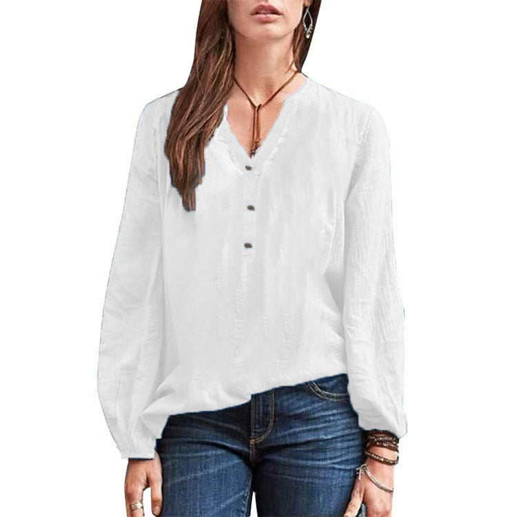 Cotton Linen Long Sleeve Shirt – Casual V-Neck
