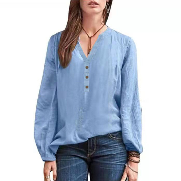Cotton Linen Long Sleeve Shirt – Casual V-Neck
