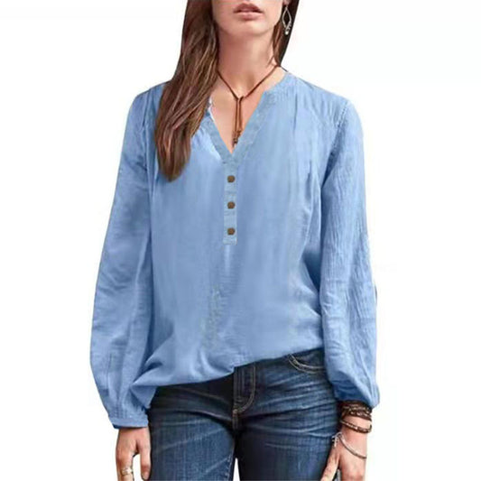 Cotton Linen Long Sleeve Shirt – Casual V-Neck