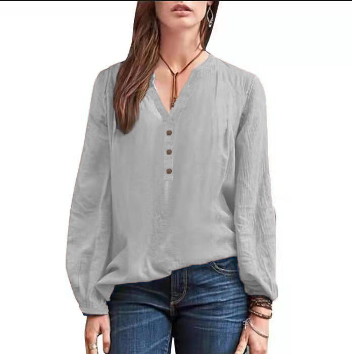 Cotton Linen Long Sleeve Shirt – Casual V-Neck
