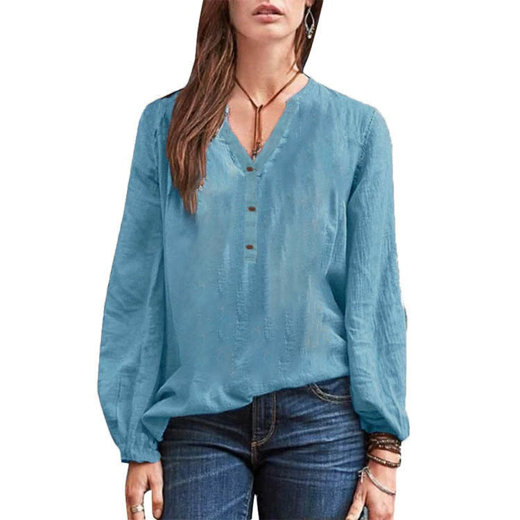 Cotton Linen Long Sleeve Shirt – Casual V-Neck