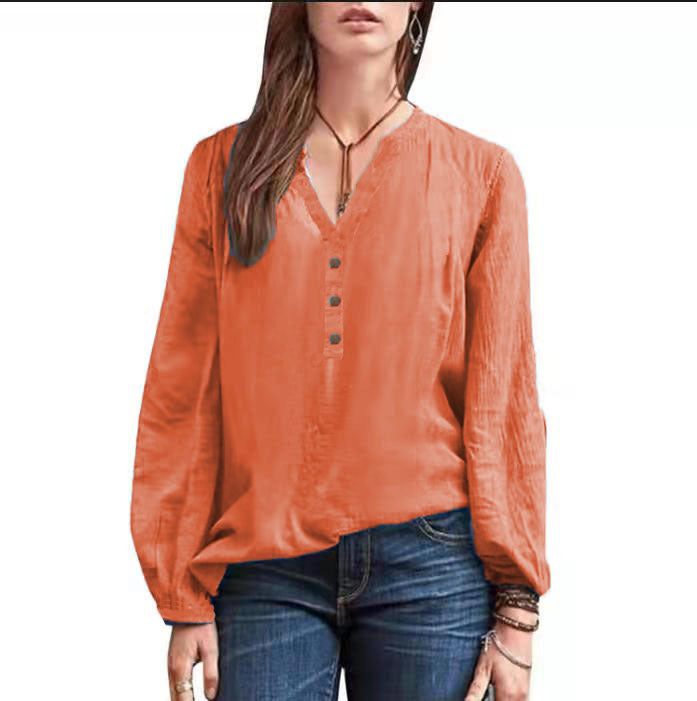 Cotton Linen Long Sleeve Shirt – Casual V-Neck