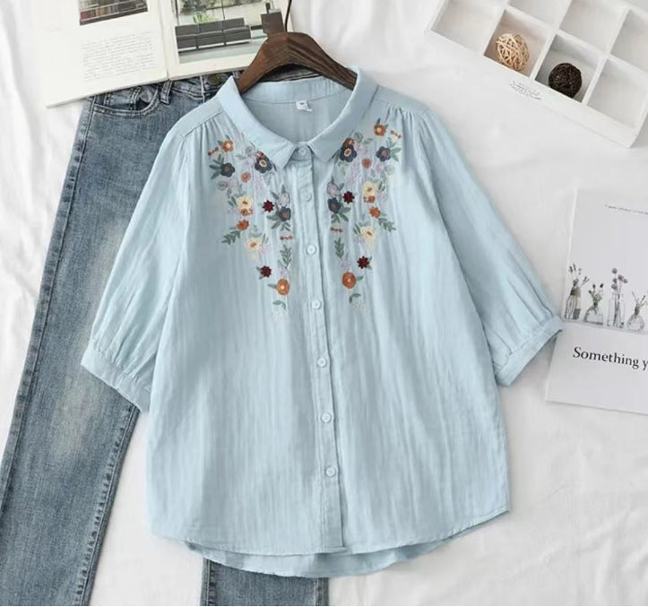 Women's Flower Embroidered Cotton Yarn Shirt Summer