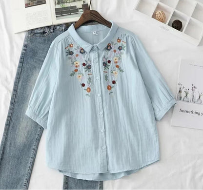 Women's Flower Embroidered Cotton Yarn Shirt Summer