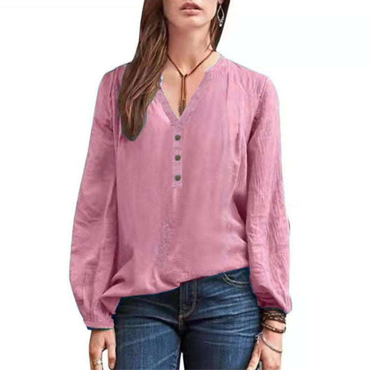 Cotton Linen Long Sleeve Shirt – Casual V-Neck