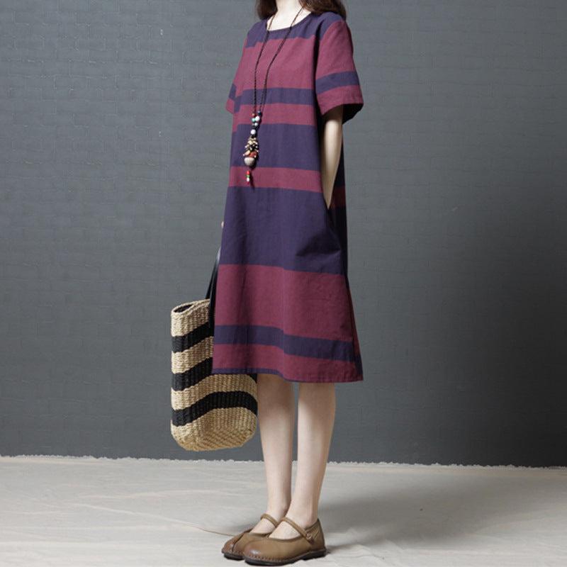 Striped Cotton And Linen Round Neck Short Sleeve Dress