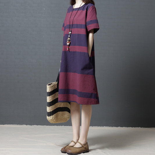 Striped Cotton And Linen Round Neck Short Sleeve Dress