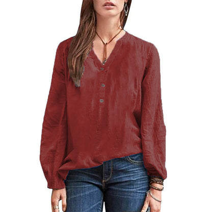 Cotton Linen Long Sleeve Shirt – Casual V-Neck
