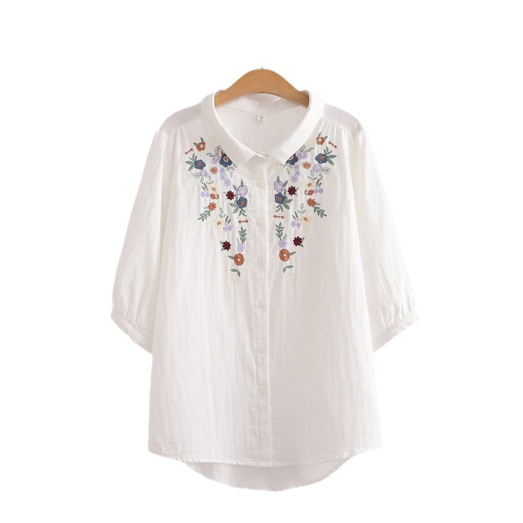 Women's Flower Embroidered Cotton Yarn Shirt Summer