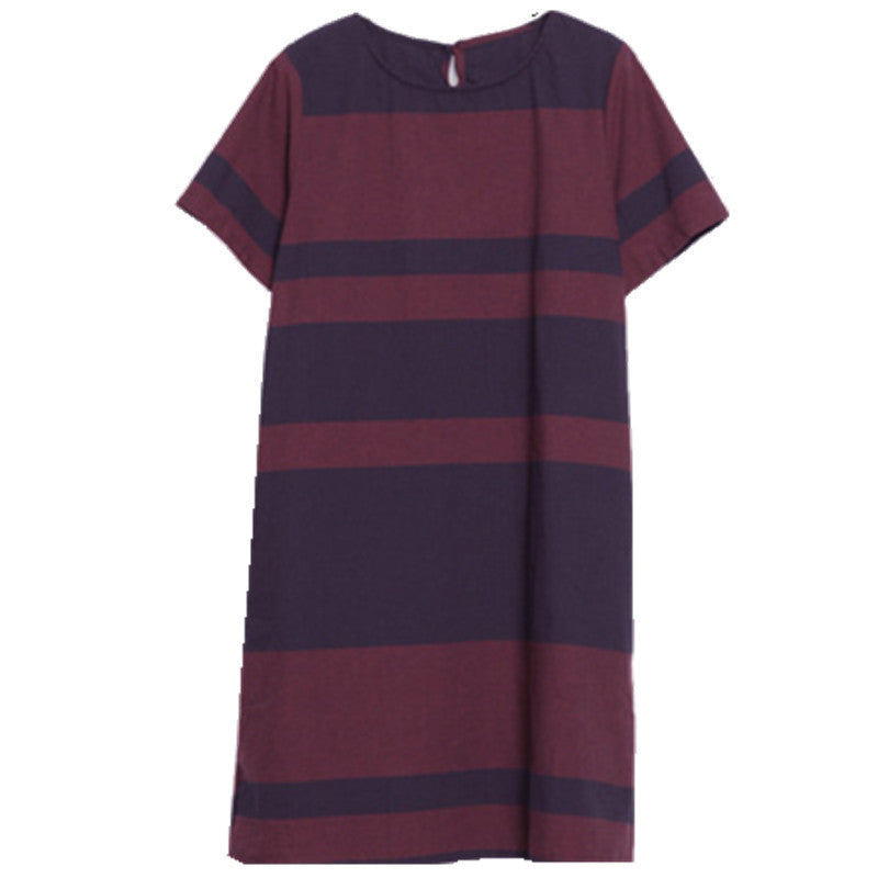 Striped Cotton And Linen Round Neck Short Sleeve Dress