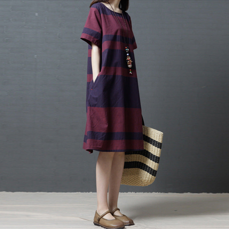 Striped Cotton And Linen Round Neck Short Sleeve Dress