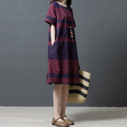 Striped Cotton And Linen Round Neck Short Sleeve Dress