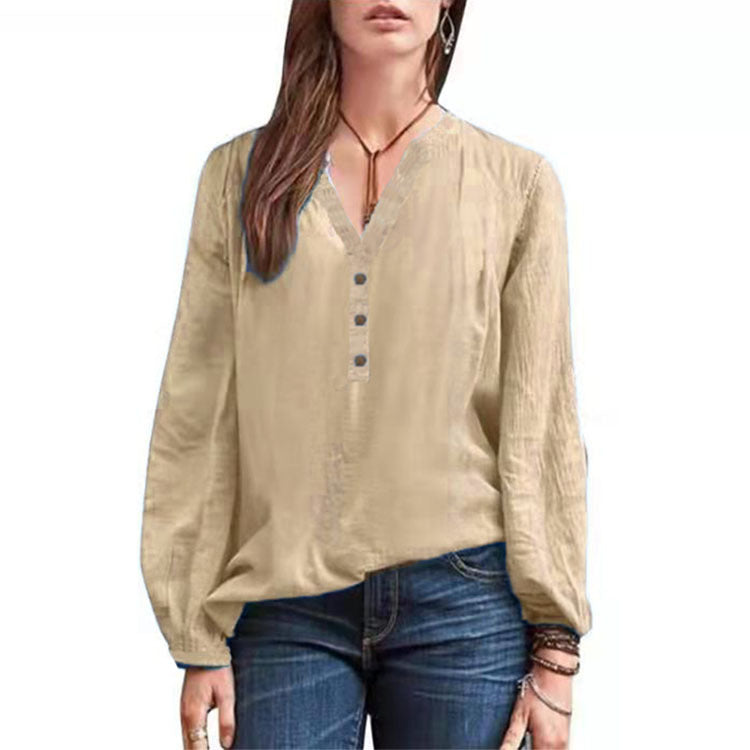 Cotton Linen Long Sleeve Shirt – Casual V-Neck