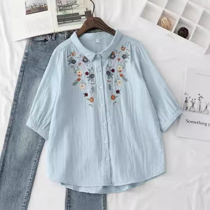 Women's Flower Embroidered Cotton Yarn Shirt Summer
