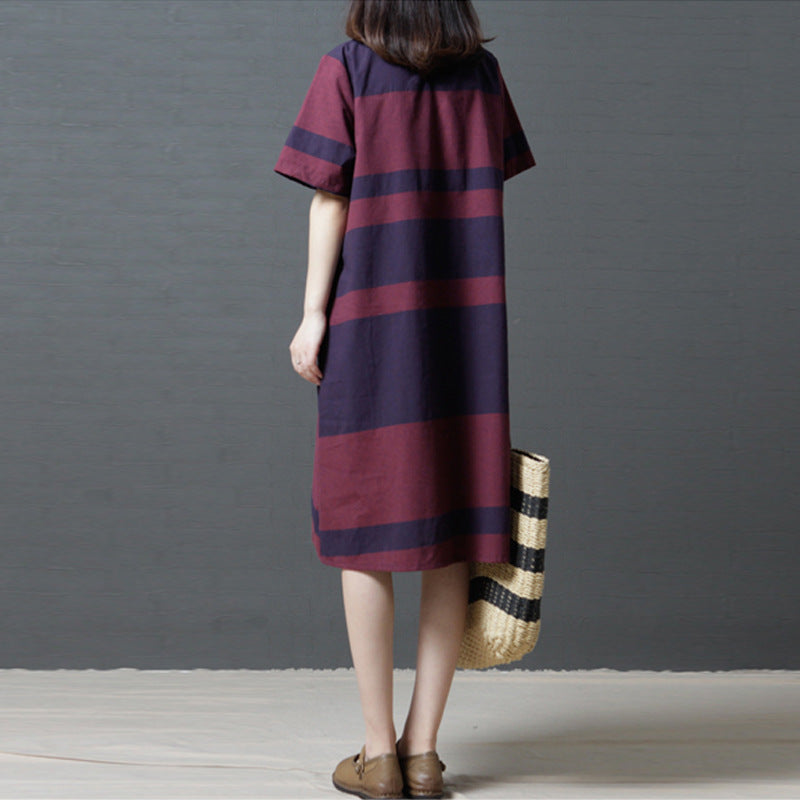 Striped Cotton And Linen Round Neck Short Sleeve Dress