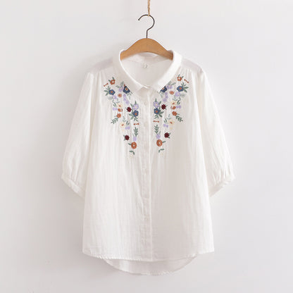 Women's Flower Embroidered Cotton Yarn Shirt Summer